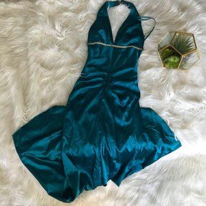 Backless Teal Cinderlla Gown with Train